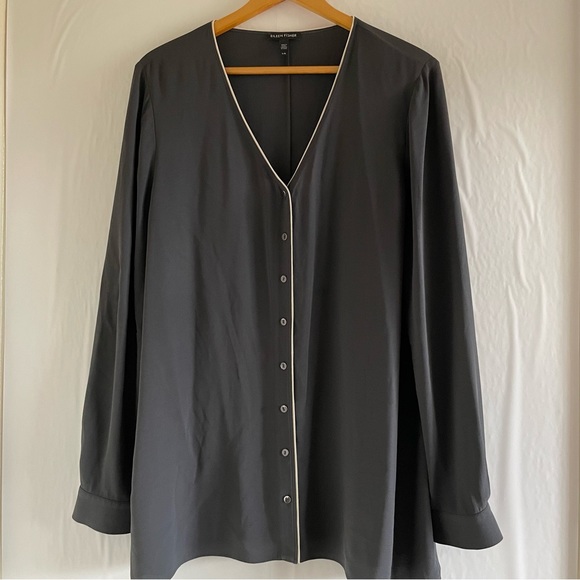 Eileen Fisher Gray Long Sleeve Silk Top Women’s Size L - Picture 2 of 10